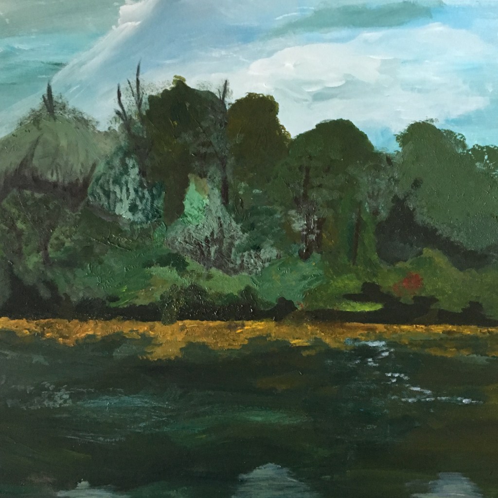 A painting of a forest on a pond, with big puffy clouds.