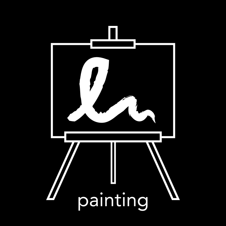 Black and white picture of a canvas on an easel with an abstract paint stroke on it.
Caption reads "painting"