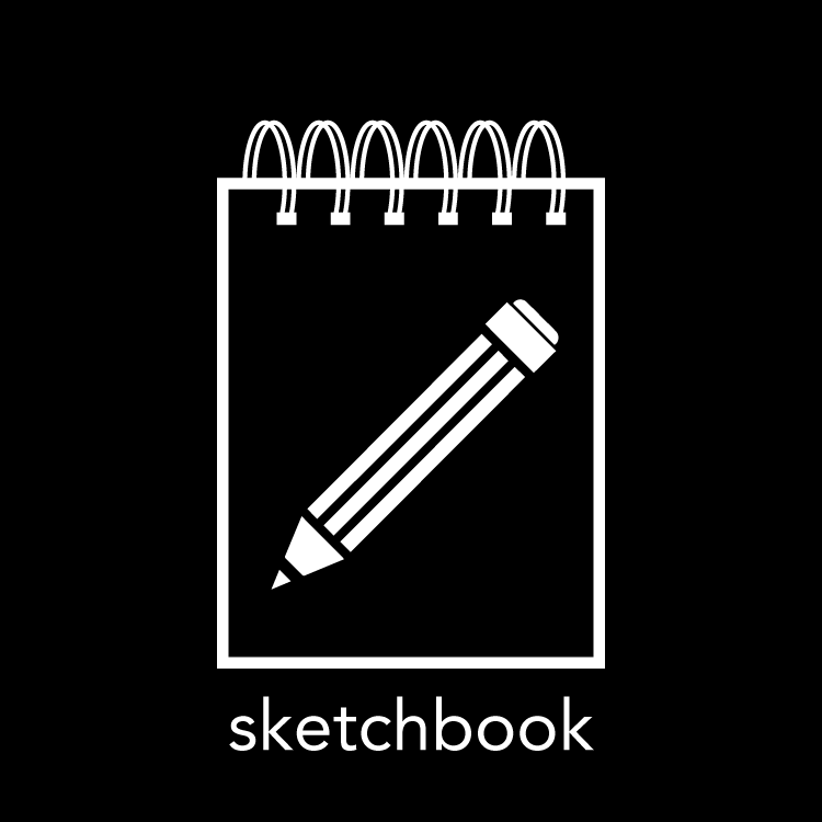 A black and white picture of a coil bound sketchbook with a pencil on it. Caption reads "sketchbook"