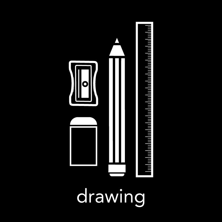 Black and white picture (from left to right) of a pencil sharpener, eraser, pencil and ruler.
Caption reads "drawing"